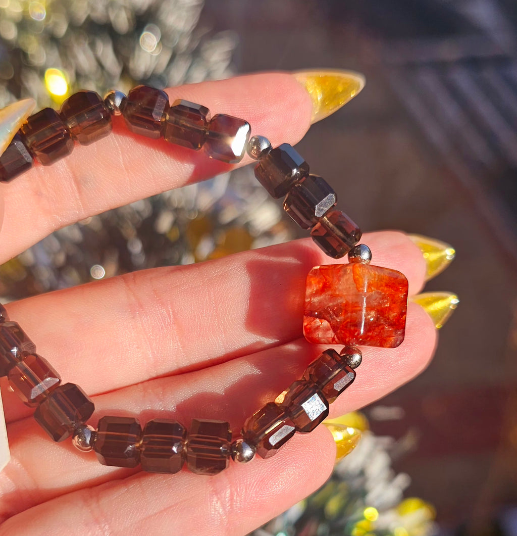 💎 Pulsera Cuarzo Ahumado Geométrico - Cubo de Fuego Místico ✨🔥