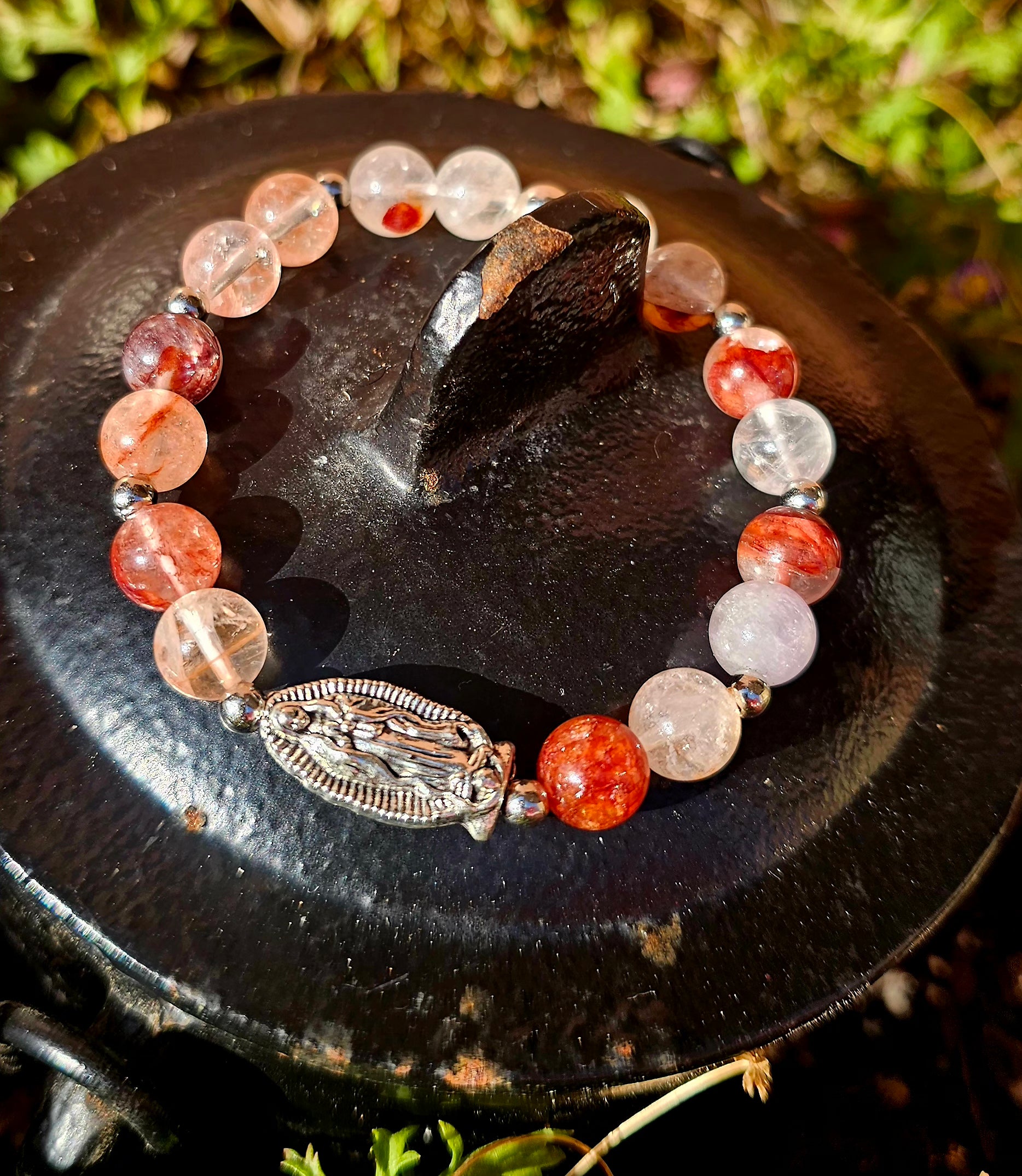 🔥 Pulsera Espiritual Cuarzo Fuego - Virgen María Protectora 🙏✨
