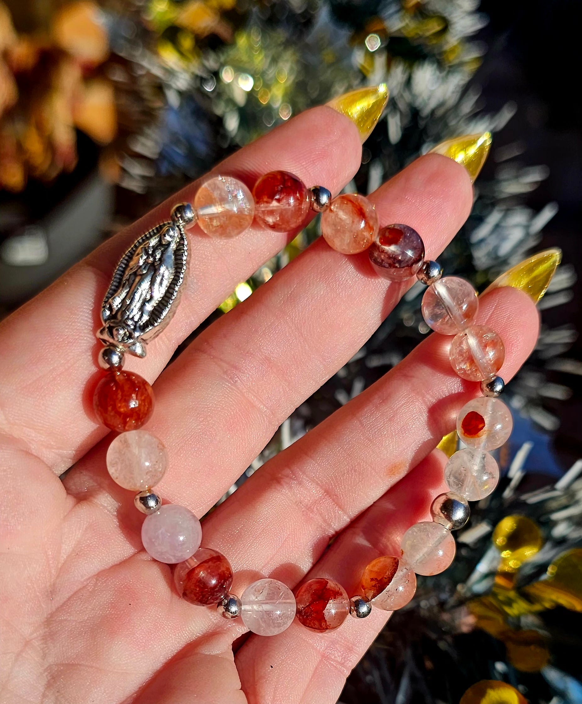 🔥 Pulsera Espiritual Cuarzo Fuego - Virgen María Protectora 🙏✨