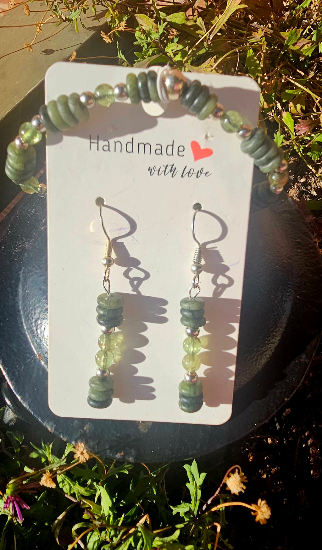 💚 Conjunto Prehnita y Jade - Pulsera y Pendientes de Sanación ✨🌿