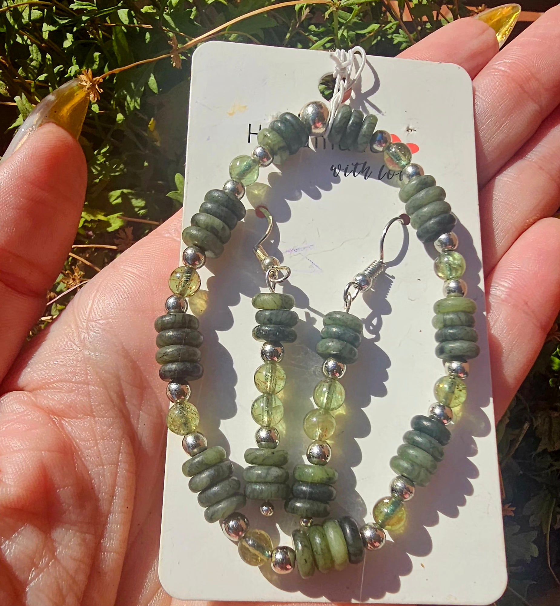 💚 Conjunto Prehnita y Jade - Pulsera y Pendientes de Sanación ✨🌿