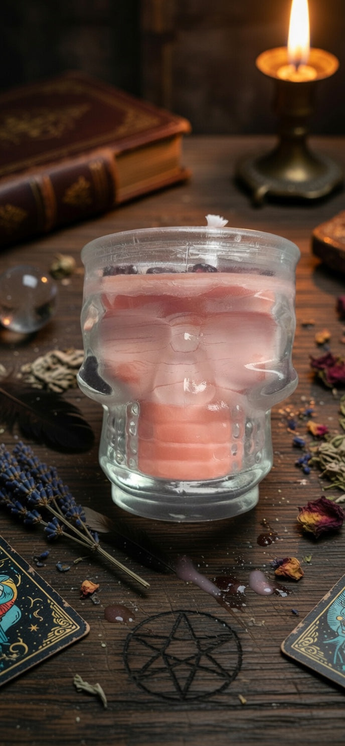 🕯️💀 Vela Cráneo Ancestral – Pasión & Amor con Granates