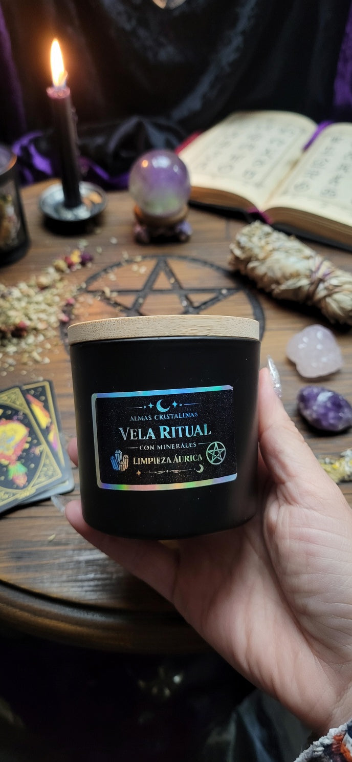 🕯️✨ Vela Ritual Limpieza Áurica – Minerales & Hierbas Consagradas