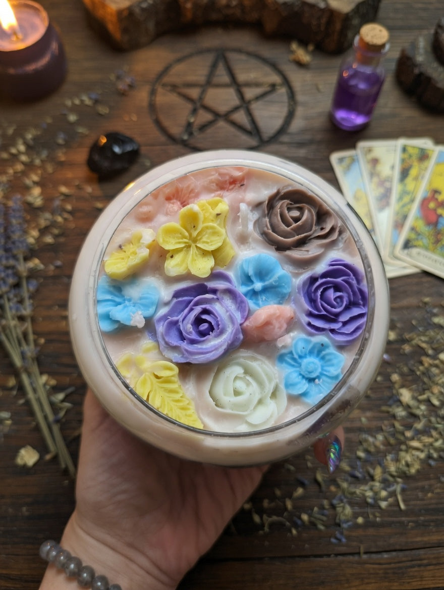 🕯️🌸 Vela Pecera Artesanal ✨ Mosaico de Flores & Tres Mechas
