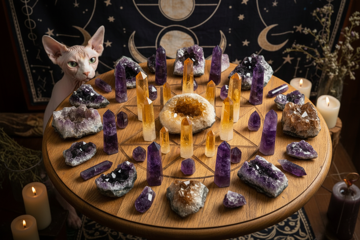 Mesa de wicca con cristales y gato sphinx