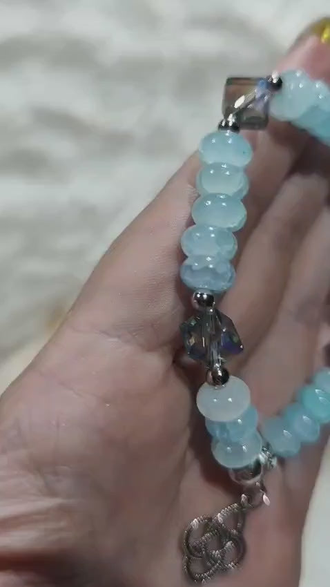 🌙 Pulsera Aguamarina y Cristal Aura con Símbolo Celta 🌊 Talismán Wiccano de la Diosa del Mar - Magia Lunar y Protección ✨