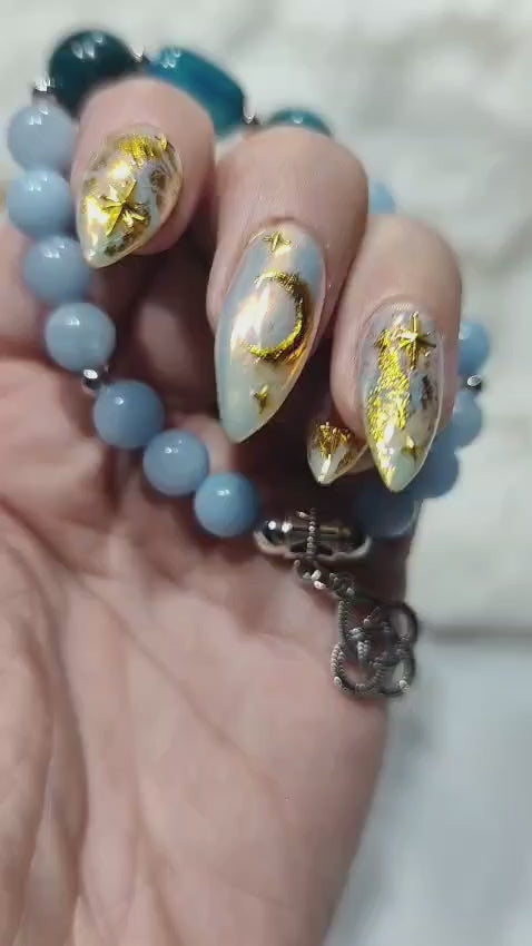 💙 Pulsera Ágata Azul y Celestita con Triskel de Acero 🌀 Portal de Paz Celestial y Transformación Eterna ✨