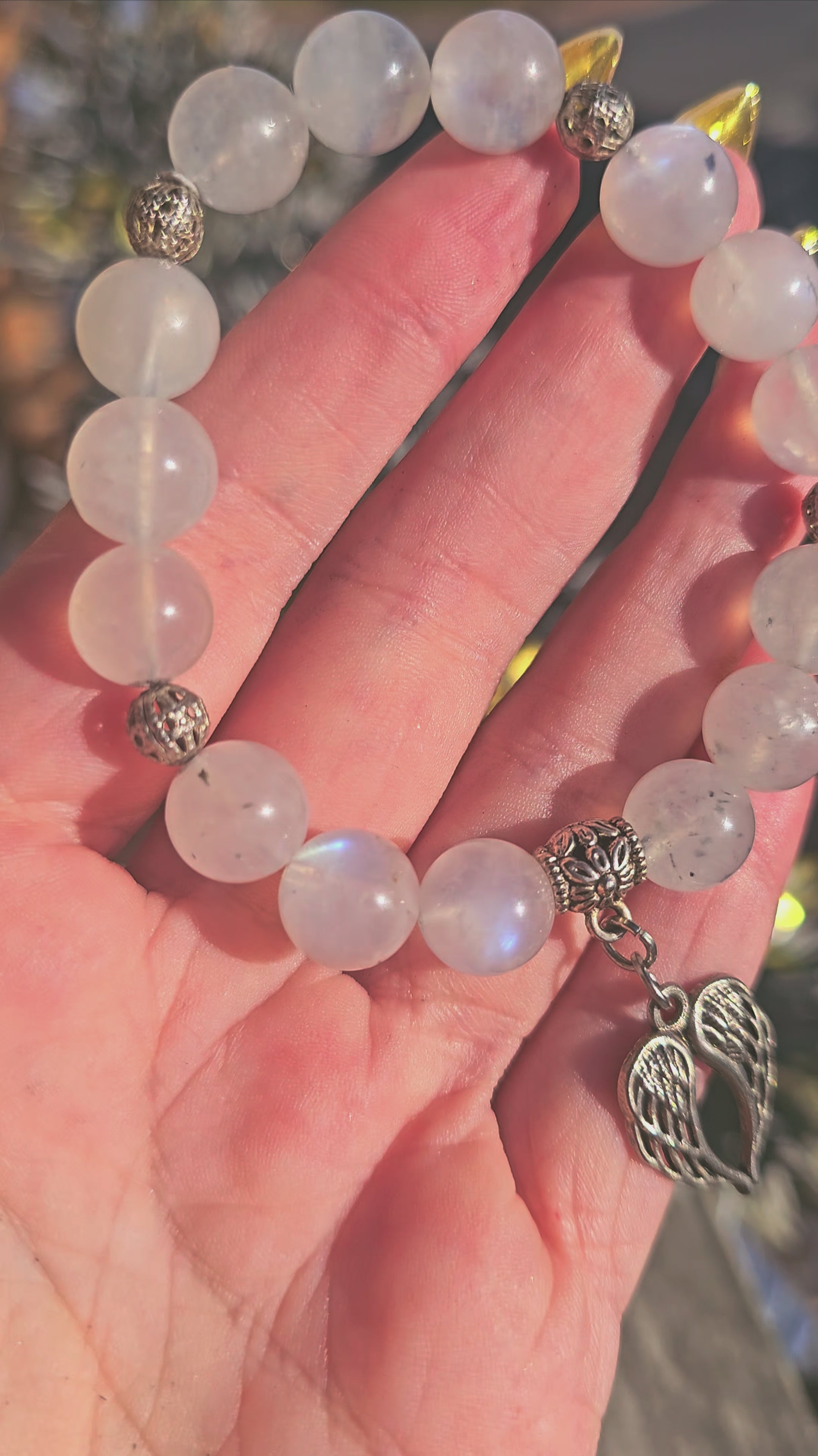 🌙 Pulsera Piedra Luna Flash Azul con Alas de Ángel | Diseño Exclusivo 💙