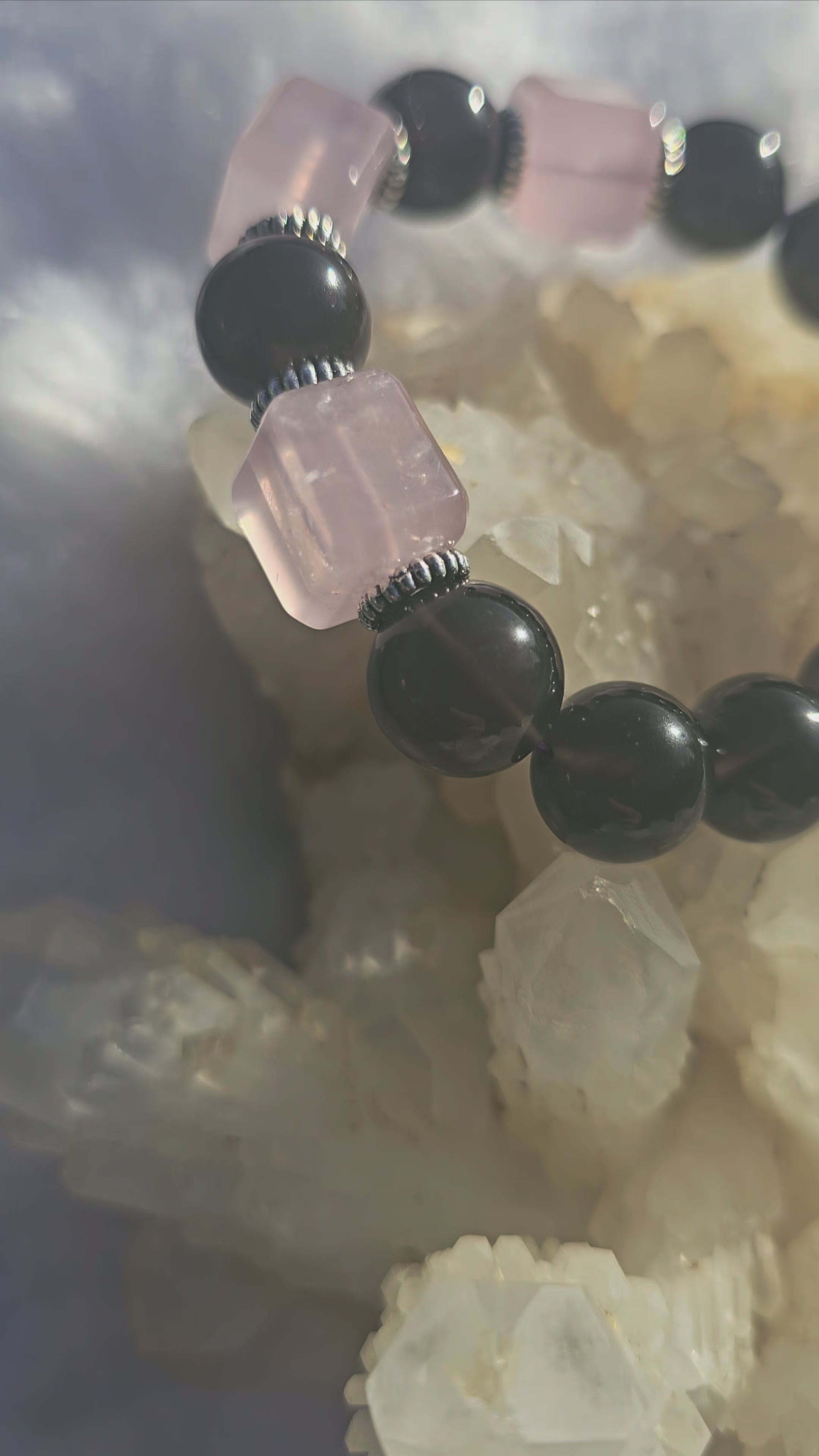 Pulsera Triketa Ancestral - Obsidiana y Cuarzo Rosa